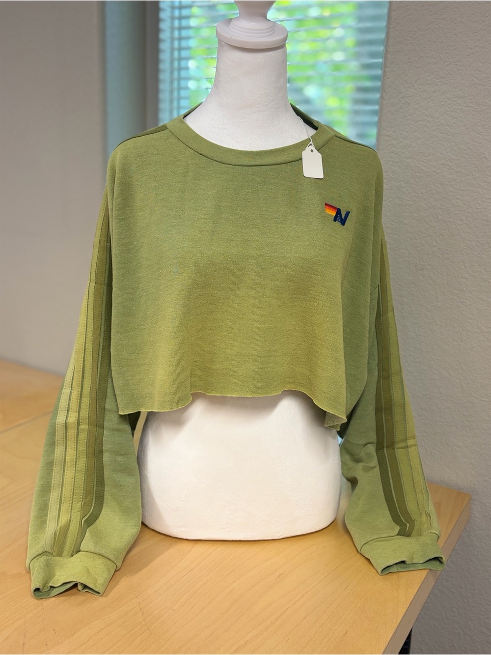 Aviator Nation: CLASSIC STRIPE CROPPED CREW SWEATSHIRT RELAXED - FADED ARMY